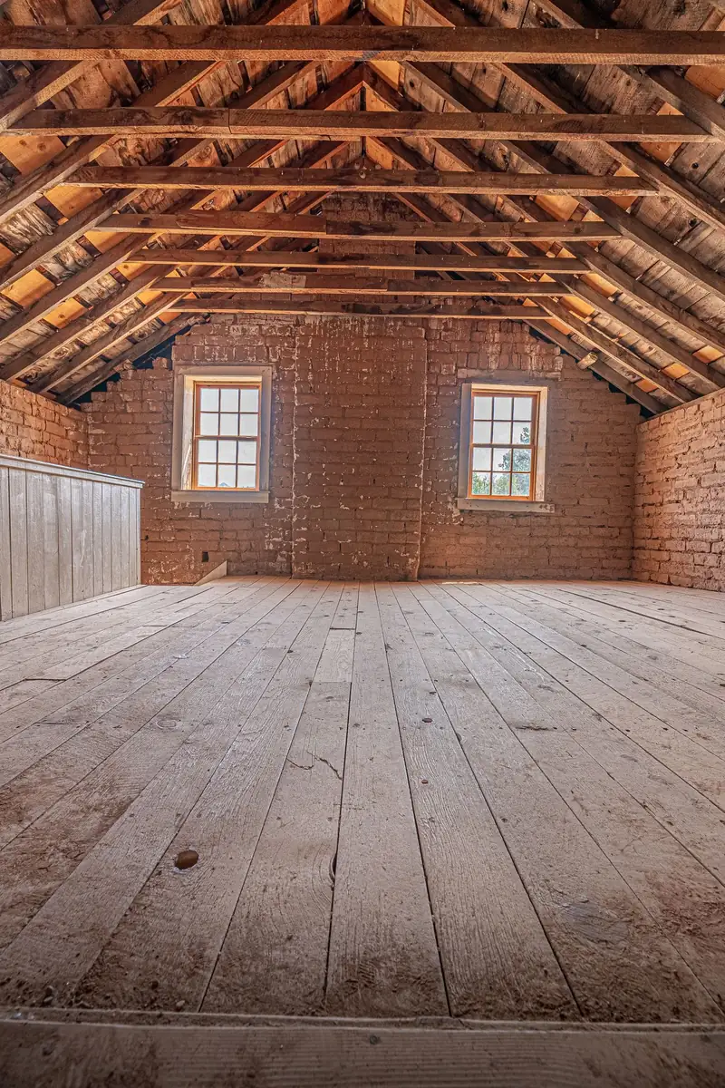Combles à charpente apparente et murs en brique, configuration typique du bâti ancien où s'installent les rats noirs