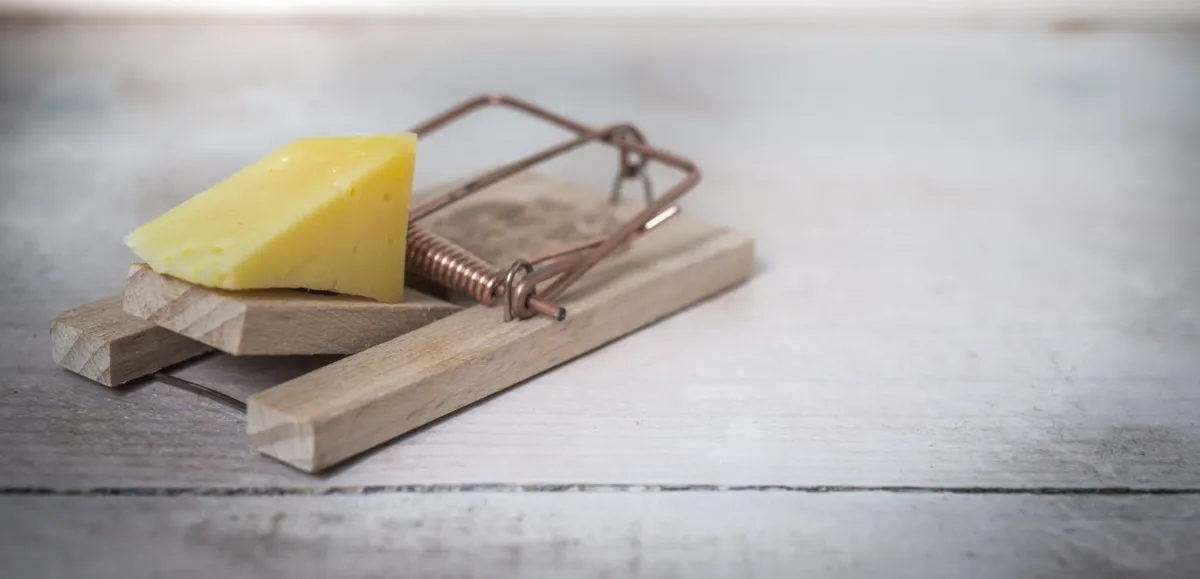 Tapette en bois à ressort de cuivre, garnie d'un morceau de fromage, posée sur une table en bois clair